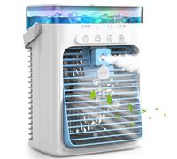Climatiseur Mobile 4 en 1, Mini Climatiseur Portable sans Évacuation, Ventilateur Climatiseur USB, 3 Vitesses, 2 Modes Brumisation, Réservoir 1000ML, Minuterie 2/4/8H, Silencieux pour Chambre Voiture