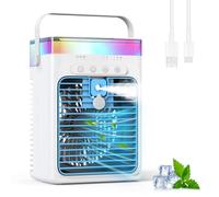 Climatiseur Portable, 3-en-1 Refroidisseur par Évaporation avec 3 Vitesses & 2 Modes Brumisation, 1000ml Mini Climatiseur, Ventilateur USB avec Lumière RGB & Minuterie pour Chambre Bureau Voiture