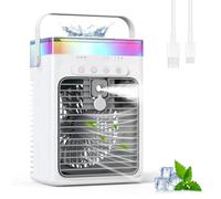 Climatiseur Portable, 3-en-1 Refroidisseur par Évaporation avec 3 Vitesses & 2 Modes Brumisation, 1000ml Mini Climatiseur, Ventilateur USB avec Lumière RGB & Minuterie pour Chambre Bureau Voiture
