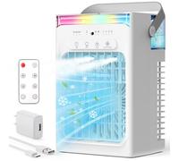 Climatiseur portable, mini refroidisseur évaporatif personnel avec télécommande, 2 modes de brume, 4 vitesses de vent, réservoir d'eau de 1100 ml, minuterie 2/4/6h, lumière colorée, ventilateur de