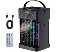Climatiseur portable, unité 4 en 1 silencieuse et portable avec télécommande, refroidisseur d'air par évaporation de réservoir de 1100 ml, 7 couleurs de lumière pour chambre, bureau, camping, voiture