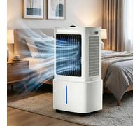 Climatiseur portable, ventilateur évaporatif 3-en-1 avec télécommande et écran LED, 3 vitesses, 3 modes, réservoir 25L, 2 blocs de glace, minuterie 12H pour maison chambre bureau