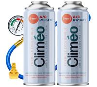 Climéo 3 en 1 2 x 400 ml + Tuyau avec manomètre + Adaptateur - Remplacement écologique du réfrigérant + mastic R1234yf | Service de climatisation à faire soi-même
