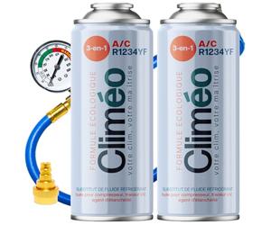 Climéo 3 en 1 2 x 400 ml + Tuyau avec manomètre + Adaptateur - Remplacement écologique du réfrigérant + mastic R1234yf | Service de climatisation à faire soi-même