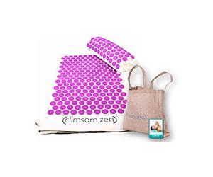 CLIMSOM ZEN - Pack Anti Stress, Coussin et Tapis d'Acupression BIO, Textiles 100% Naturels, Épeautre Bio, Sac en Toile de Jute et Livret Conseils Fournis (mauve)