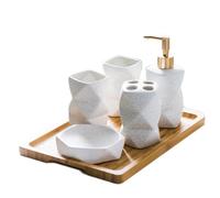 CLINGRE boutique shop uk Ensemble de Salle de Bain en céramique 6 pièces avec Plateau en Bois, Distributeur de Savon géométrique, Porte-Brosse à Dents et Porte-Savon Ensemble de Salle de Bain(Wit)