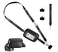 Clip and Go Sangle de téléphone, fenêtre transparente pour carte d'identité, bandoulière réglable avec portefeuille, sangle de poignet amovible, pochette à fermeture éclair, pour tout le monde, noir
