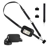 Clip and Go Sangle de téléphone, fenêtre transparente pour carte d'identité, bandoulière réglable avec portefeuille, sangle de poignet amovible, pochette à fermeture éclair, pour tout le monde, noir