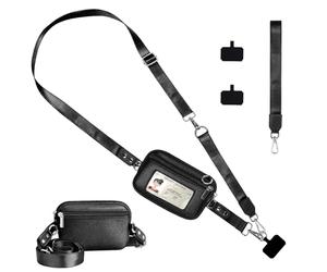 Clip and Go Sangle de téléphone, fenêtre transparente pour carte d'identité, bandoulière réglable avec portefeuille, sangle de poignet amovible, pochette à fermeture éclair, pour tout le monde, noir