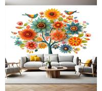 Clip Art Papier Peint Intissé Marguerites et oiseaux abstraits Papier Panoramique Mural Photo 200 x 140 cm Moderne Décor Murale Tableaux Muraux Tapisserie Salon Chambre à Coucher