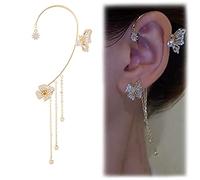 Clip d'oreille de Papillon de Zircon Brillant, Boucles d'oreilles de Gland de Papillon de Fleur, Aucun Clip d'oreille de Papillon de perçage, Cadeau de Bijoux pour des Femmes (Left Ear)