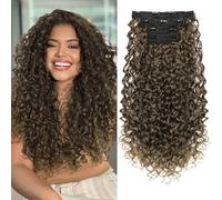 Clip in Hair Extensions, FLUFYMOOZ 4PC 100％ Pure Protein Silk Hair Extensions Long Soft Natural Hairpiece 20 Inch Curly Hair Extension for Women Ash Dark Brown to Ligh Brown