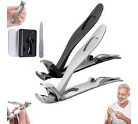 Clipdoc Max Toenail Clippers, Clipdoc Max Wide Jaw Opening Anti-Splash Slanted Nail Clipper with Angled Head - Sharp Stainless Steel for Thick Nails, Pain-Free Trims for Seniors (Silver+Black)