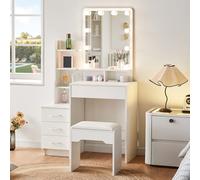 CLIPOP Coiffeuse avec éclairage LED Hollywood et miroir, 3 couleurs, luminosité réglable, 4 tiroirs et étagères ouvertes, tabouret de maquillage moderne, blanc