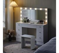 CLIPOP Coiffeuse avec Grand Miroir et 12 Lampes LED Hollywood, Luminosité réglable, Coiffeuse avec 7 tiroirs et Tabouret, Set de Maquillage Moderne Blanc (DR-0457)