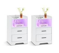 CLIPOP Lot de 2 tables de chevet blanc brillant avec éclairage LED et prise - Table d'appoint avec 2 tiroirs et fonction de charge - Pour salon, chambre à coucher