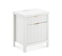 CLIPOP Table de chevet avec station de charge, table de chevet avec 2 tiroirs, table de chevet striée, table d'appoint en bois pour chambre à coucher, salon, armoire de rangement moderne, blanche, 50