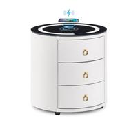 CLIPOP Table de chevet intelligente avec station de charge sans fil et lumière LED réglable - Table de chevet ronde en bois avec 3 tiroirs - Plateau en verre trempé blanc lumineux - Pour chambre à