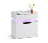 CLIPOP Table de chevet moderne avec éclairage LED et prise de courant, table d'appoint moderne, avec tiroir et fonction de charge, blanche, pour salon, chambre à coucher