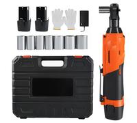 Cliquet Electrique 12 V 3/8",Jeu de Clés à Cliquet électriques à Col avec 2 Batteries de 1.5AH et Chargeur,Clé D'angle à 90°,7 Tailles,200N.m,2300RPM,Rechargeable Cle Plate à Cliquet avec LED (Orange)