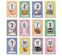 CLISPEED Cartes Mensuelles Bébé Animaux, Fiches de Suivi de Croissance, Double Face, Lot de 12 Pièces, Carton Rigide, Accessoire Photo Bébé, Présent Naissance, Usage -né et Maternité
