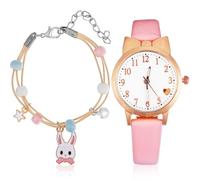 CLISPEED Montre à Quartz pour Garçon et Filles avec Bracelet Lapin en Acier Inoxydable et PU Montre Éducative Simple pour Filles pour Anniversaire ou Fête des Garçon