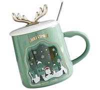 CLISPEED Mug en Céramique de Noël Couvercle et Cuillère Motif Cerf Mignon Capacité Standard Couleur Verte Tasse à Café et Thé pour Fête et Usage Quotidien