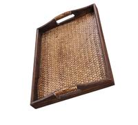 CLISPEED Plateau en Bois et Rotin Tressé Marron, Multifonctionnel et Pratique pour Ranger Tasses à Thé et Snacks à Domicile Salon Spa