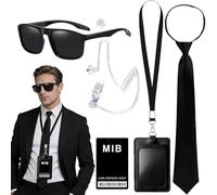 CLIUNT 6pcs Agent Costume Accessoires, Ensemble de costumes de services secrets, Men in Black Deguisement avec des lunettes de soleil noires, bouchons d'oreilles, cravate, casque audio, porte-cartes