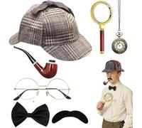 CLIUNT 7PCS Accessoires de costume de détective des années 1920, Accessoires Sherlock Holmes,Hommes Déguisements Accessoire avec chapeau de détective, lunettes, loupe pour carnaval, cosplay, fête