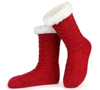 CLIUNT Chaussettes douillettes pour femme, chaussettes chaudes antidérapantes, chaussettes de chalet d'hiver, avec picots antidérapants ABS et doublure en polaire, 35-40 - Vin rouge