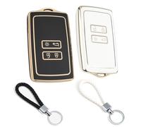 CLKE Lot de 2 coques de clé de voiture à 4 boutons pour Renault Fluence Duster, Dacia, Megane, Kadjar-Clio, coque de protection en TPU avec 2 porte-clés (blanc + noir)