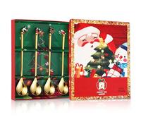 CLKE Lot de 4 cuillères de Noël en acier inoxydable - 14,5 cm - Poli miroir - Avec pendentif arbre de Noël, élan, couronne, Père Noël - Avec 1 boîte cadeau