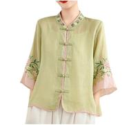 CLKLGEXEAK Chemisiers for Femmes, Chemise brodée de Fleurs Chinoises, Manches 3/4, Bouton Grenouille, col Mandarin, Coton et Lin, Arts Martiaux Traditionnels décontractés(Green,L)