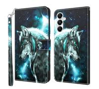CLM-Tech Étui de protection compatible avec Samsung Galaxy A15 5G - Housse en cuir synthétique - Étui à rabat avec support et compartiments pour cartes - Étui portefeuille avec protection Wolf bleu