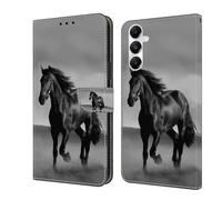 CLM-Tech Étui de Protection Compatible avec Samsung Galaxy A17 5G / A26 5G - Housse en Cuir synthétique, à Rabat, Coque avec Support et Compartiments pour Cartes, Cheval Noir Gris