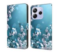 CLM-Tech Étui de Protection Compatible avec Xiaomi Redmi Note 14 5G - Housse en Cuir synthétique, à Rabat, Coque avec Support et Compartiments pour Cartes - Fleur de Prunier Bleue