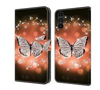 CLM-Tech Étui de Protection pour téléphone Portable Compatible avec Samsung Galaxy A16 5G, Housse en Cuir synthétique, à Rabat, Coque avec Support et Compartiments pour Cartes, Papillon et Diamants