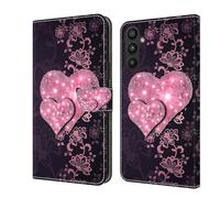 CLM-Tech Étui de Protection pour téléphone Portable Compatible avec Samsung Galaxy A16 5G, Housse en Cuir synthétique, à Rabat, Coque avec Support et Compartiments pour Cartes, Motif de Cœurs Roses