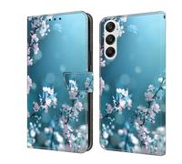 CLM-Tech Étui de Protection pour téléphone Portable Compatible avec Samsung Galaxy A56 / A36 5G, Housse en Cuir Polyuréthane, à Rabat, Coque avec Support, Fleurs de Prunier Bleu