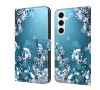 CLM-Tech Étui de Protection pour téléphone Portable Samsung Galaxy A16 5G, Housse en Cuir synthétique, à Rabat, Coque avec Support et Compartiments pour Cartes, Fleur de Prunier Bleu