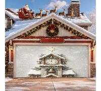 Cloche de porte de garage à coucou enneigée, scène d'hiver, Noël, 397 x 180 | Décoration saisonnière d'hiver, toile de fond de porte de garage, paysage enneigé, motif horloge traditionnelle