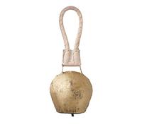 Cloche de Vache en métal doré Vieilli avec Attache Marron, env. 9 cm x 6 cm x 25 cm