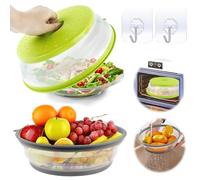 Cloche Micro Onde Couvercle Micro Ondes 2 Pcs Retractable Couvercle Cloche Alimentaire Pliable pour Anti Vapeur et Fonction Passoire Avec 2 Crochets Autocollants (Vert+Gris)