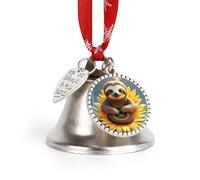 Cloches de Noël en argent avec corde de suspension rouge - Motif paresseux assis sur un tournesol - Décoration d'intérieur - 2025
