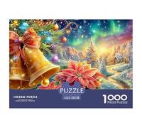 Cloches festives, Poinsettias et Une scène de Noël enneigée Puzzle De 1000 Pièces Christmas Style Puzzles Classiques pour Enfants Et Adultes 52x38cm/1000pcs