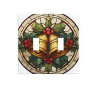Cloches Holly Red Berries Vitrail Double Gang Plaque Murale Interrupteur Décor Taille Standard - 11,4 x 11,4 cm