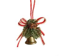 Clochette décorative réaliste en forme de pomme de pin avec effet sonore (B | Métal finition bronze, nœud à carreaux, baies enneigées, pommes de pin, breloque de vacances élégante