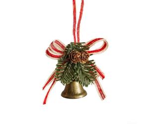 Clochette décorative réaliste en forme de pomme de pin avec effet sonore (B | Métal finition bronze, nœud à carreaux, baies enneigées, pommes de pin, breloque de vacances élégante