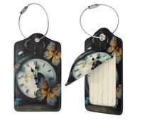 Clock Butterfly Étiquettes de bagage pour valises, étiquettes de voyage en cuir synthétique avec dos complet, carte d'identité, étiquettes personnalisées pour sacs, étiquettes de valise avec boucle en